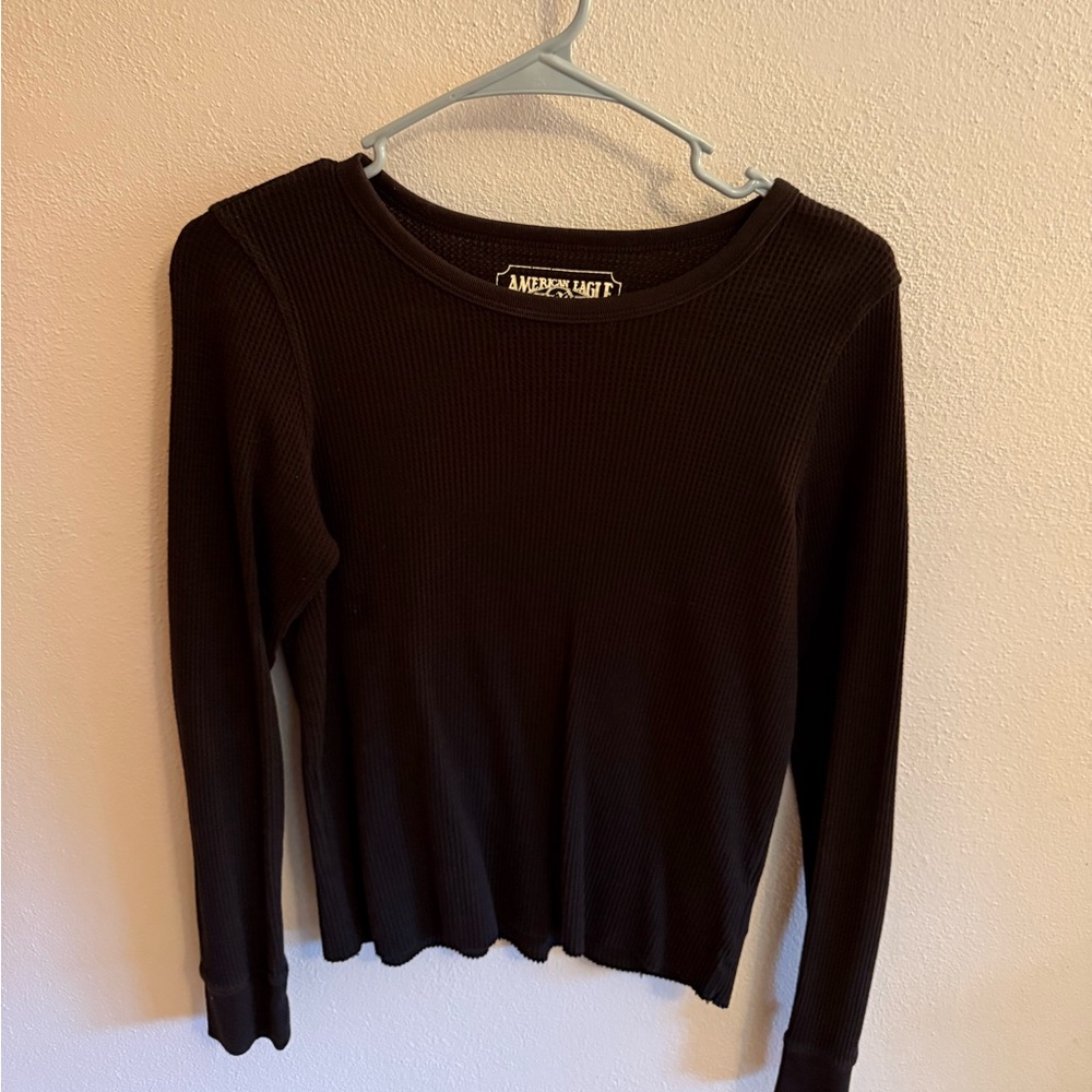 American Eagle Outfitters Black Waffle Long Sleeve Top